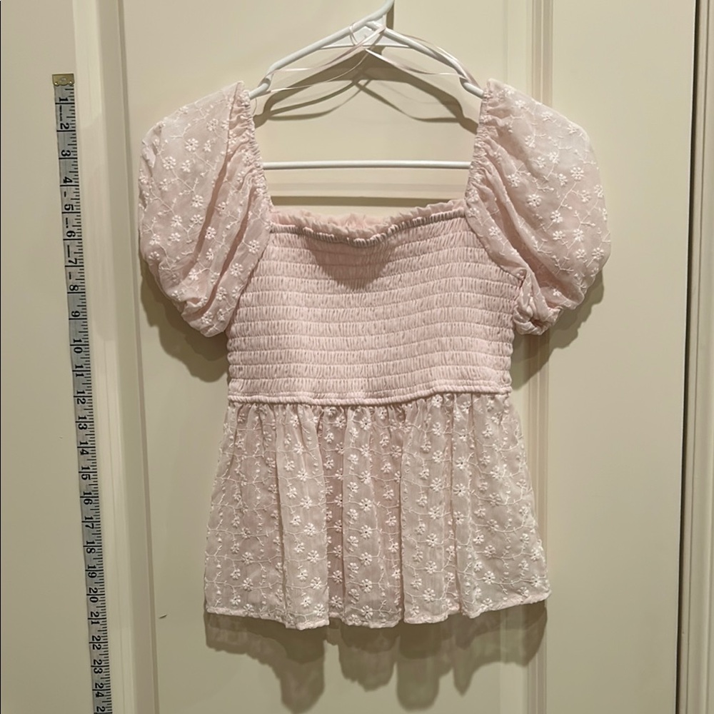 Francesca's Pink Smocked Puff Sleeve Blouse